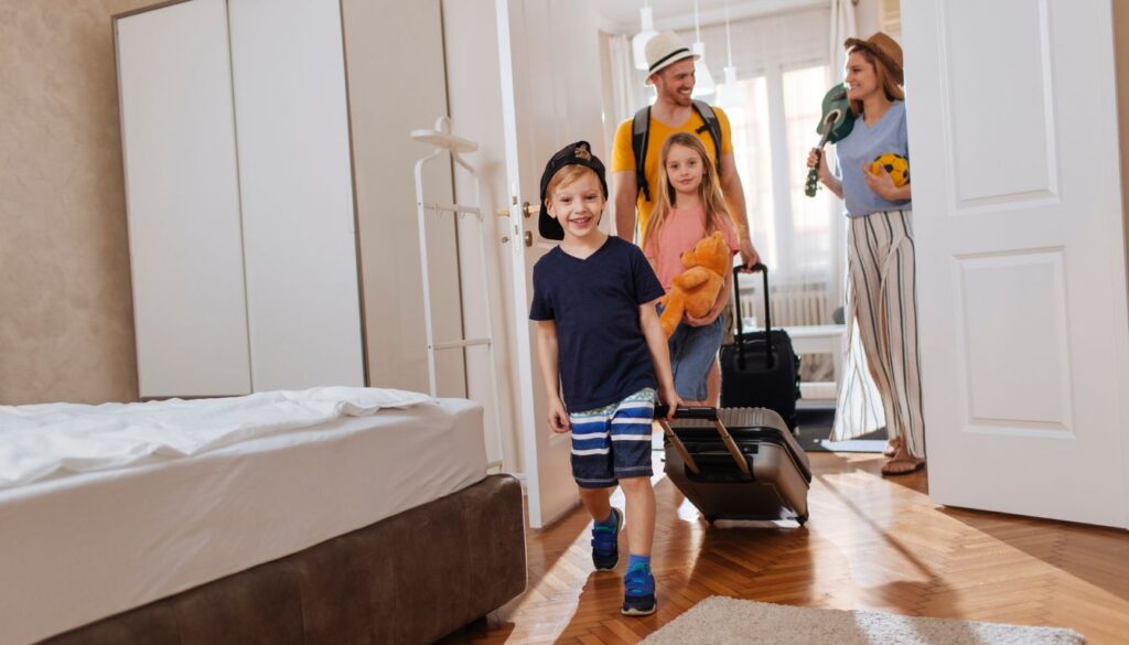 Family having fun on a vacation, enjoying activities together.

