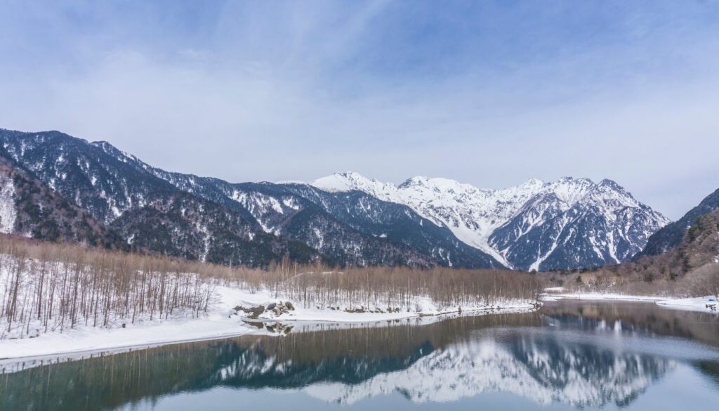 A peaceful winter scene in the Japanese Alps.